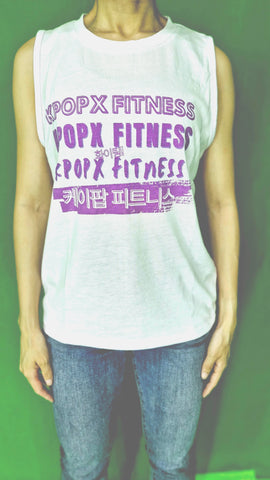 WHITE, SLEEVELESS, COTTON.  PURPLE FONT.  $24.90