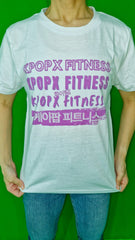 WHITE, SLEEVE, COTTON.  PURPLE FONT. $24.90